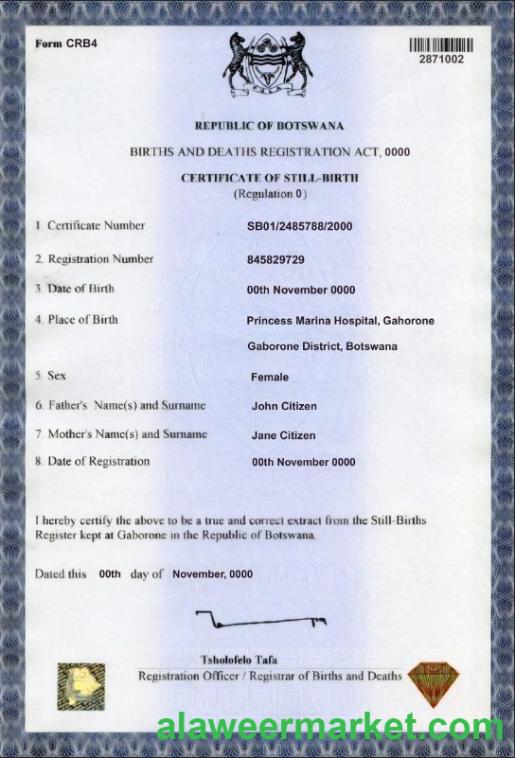 Botswana birth certificate template in PSD format
